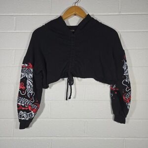 Rock Rose Couture Ruched Asian Dragon Graphic Cropped Hoodie Front Small Y2K Art